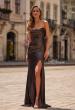 Picture of: Strapless Metallic Gown with Draped Bodice and High Slit in Mocha, Style: 33291, Main Picture
