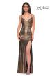 Picture of: Ruched Metallic Jersey Dress with Open Lace Up Back in Mocha , Style 32945, Detail Picture 5