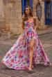 Picture of: Floral A-Line Chiffon Gown with Ruched Bodice and High Slit in Multi, Style: 33487, Main Picture
