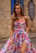 Picture of: Floral A-Line Chiffon Gown with Ruched Bodice and High Slit in Multi, Style: 33487, Detail Picture 1