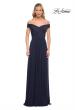 Picture of: Off the Shoulder Net Jersey Long Dress with Ruching in Navy, Detail Picture 8