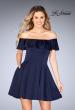 Picture of: A-line Short Satin Dress with Off the Shoulder Detail in Navy, Style: 25070, Main Picture