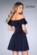 Picture of: A-line Short Satin Dress with Off the Shoulder Detail in Navy, Style: 25070, Back Picture