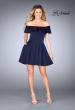 Picture of: A-line Short Satin Dress with Off the Shoulder Detail in Navy, Style: 25070, Detail Picture 2