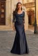 Picture of: Beaded Lace Satin Gown with Sheer Sleeves and Ruched Skirt in Navy, Style: 31802, Main Picture