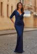 Picture of: V-Neck Satin Gown with Ruched Bodice and Three-Quarter Sleeves in Navy, Style: 33152, Main Picture
