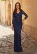 Picture of: Rhinestone Jersey Gown with Sheer Sleeves and V-Neckline in Navy, Style: 33156, Main Picture