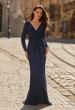 Picture of: Long Sleeve Rhinestone Gown with Pleated Waist in Navy, Style: 33310, Main Picture