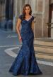 Picture of: Cap Sleeve Metallic Brocade Gown with V-Neckline in Navy, Style: 33578, Main Picture