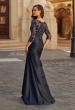 Picture of: Beaded Lace Satin Gown with Sheer Sleeves and Ruched Skirt in Navy, Style: 31802, Back Picture