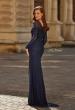 Picture of: Long Sleeve Square Neck Rhinestone Gown in Navy, Style: 33311, Back Picture
