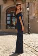 Picture of: Off the Shoulder Ruched Rhinestone Evening Gown in Navy, Style: 33312, Back Picture