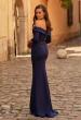 Picture of: Off-the-Shoulder Jersey Gown with Lace Trim in Navy, Style: 33541, Back Picture