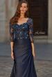 Picture of: Beaded Lace Satin Gown with Sheer Sleeves and Ruched Skirt in Navy, Style: 31802, Detail Picture 1