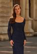 Picture of: Long Sleeve Square Neck Rhinestone Gown in Navy, Style: 33311, Detail Picture 3