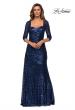 Picture of: Floor Length Sequin Gown wtih Ruching and Sleeves in Navy, Style: 28065, Main Picture