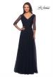 Picture of: Tulle and Beaded Long A-Line Gown with Sheer Sleeves in Navy, Main Picture