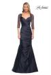 Picture of: Mermaid Satin Pleated Gown with Illusion Beaded Sleeves in Blue, Style: 30138, Main Picture