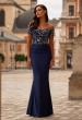 Picture of: Off the Shoulder Jersey Gown with Floral Sequin Top in Navy, Style: 32739, Main Picture