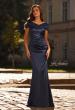 Picture of: Off the Shoulder Stretch Satin Ruched Evening Gown in Navy, Style: 33128, Main Picture