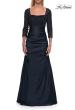 Picture of: Beaded Bodice Satin Gown with Three-Quarter Sleeves in Navy, Style: 33659, Main Picture
