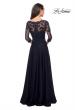 Picture of: Floor Length Satin Dress with Lace Detail and Pockets in Navy, Style: 27235, Back Picture