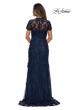 Picture of: Long Lace Evening Dress with Scallop Detailing and Rhinestones in Navy, Style: 28195, Back Picture