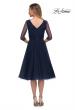 Picture of: Tea Length Tulle Dress with Beading and Sheer Sleeve in Navy, Back Picture
