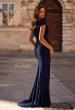 Picture of: Off the Shoulder Ruched Net Jersey Evening Dress in Navy, Style: 29558, Back Picture