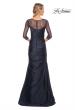 Picture of: Mermaid Satin Pleated Gown with Illusion Beaded Sleeves in Blue, Style: 30138, Back Picture