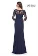 Picture of: Long Evening Gown with Lace Illusion Sleeves and Neckline in Navy, Style: 30385, Back Picture