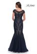 Picture of: Mermaid Lace Dress with Cap Sleeves and Illusion Neckline in Navy, Style: 30876, Back Picture
