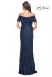 Picture of: Off the Shoulder Ruched Beaded Lace Evening Gown in Navy, Style: 31778, Back Picture