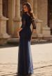 Picture of: Tulle Evening Gown with Trumpet Skirt and Lace Illusion Sleeves in Navy, Style: 32610, Back Picture