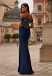 Picture of: Off the Shoulder Jersey Gown with Floral Sequin Top in Navy, Style: 32739, Back Picture