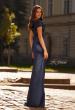 Picture of: Off the Shoulder Stretch Satin Ruched Evening Gown in Navy, Style: 33128, Back Picture