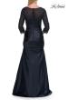 Picture of: Beaded Bodice Satin Gown with Three-Quarter Sleeves in Navy, Style: 33659, Back Picture