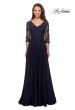 Picture of: Floor Length Satin Dress with Lace Detail and Pockets in Navy, Style: 27235, Detail Picture 1