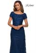 Picture of: Long Three Quarter Sleeve Floral Lace Evening Gown in Navy, Style: 27842, Detail Picture 1