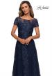 Picture of: Long Lace Dress with Sheer Neckline and Cap Sleeves in Navy, Style: 27935, Detail Picture 1