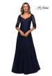 Picture of: Embroidered Lace Gown with V Neckline and Flare Skirt in Navy, Style: 27949, Detail Picture 1