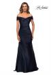 Picture of: Off the Shoulder Satin Evening Gown with Pleating in Navy, Style: 28047, Detail Picture 1