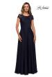 Picture of: Long Satin Dress with Sheer Floral Lace Cap Sleeves in Navy, Style: 28100, Detail Picture 1
