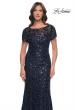 Picture of: Beaded Sequin Chic Evening Dress with Illusion Top and Short Sleeves in Navy, Style: 30877, Detail Picture 1