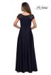 Picture of: Long Satin Dress with Sheer Floral Lace Cap Sleeves in Navy, Style: 28100, Detail Picture 2