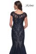 Picture of: Mermaid Lace Dress with Cap Sleeves and Illusion Neckline in Navy, Style: 30876, Detail Picture 2