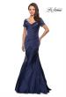 Picture of: Long Satin Gown with Elegant Ruching in Navy, Style: 26947, Detail Picture 3