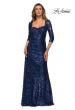 Picture of: Floor Length Sequin Gown wtih Ruching and Sleeves in Navy, Style: 28065, Detail Picture 3