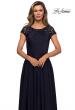 Picture of: Long Satin Dress with Sheer Floral Lace Cap Sleeves in Navy, Style: 28100, Detail Picture 5