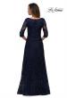 Picture of: Embroidered Lace Gown with V Neckline and Flare Skirt in Navy, Style: 27949, Detail Picture 6